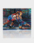 An expressive painting depicting two wrestlers in a dynamic match showcasing vibrant colors and intense action