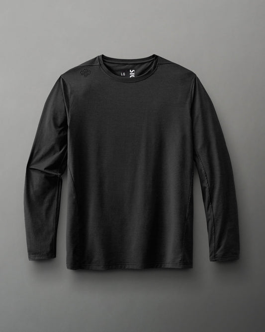 A black long-sleeve shirt with a round neckline and a small logo on the shoulder, made from smooth fabric, suitable for casual or athletic wear.